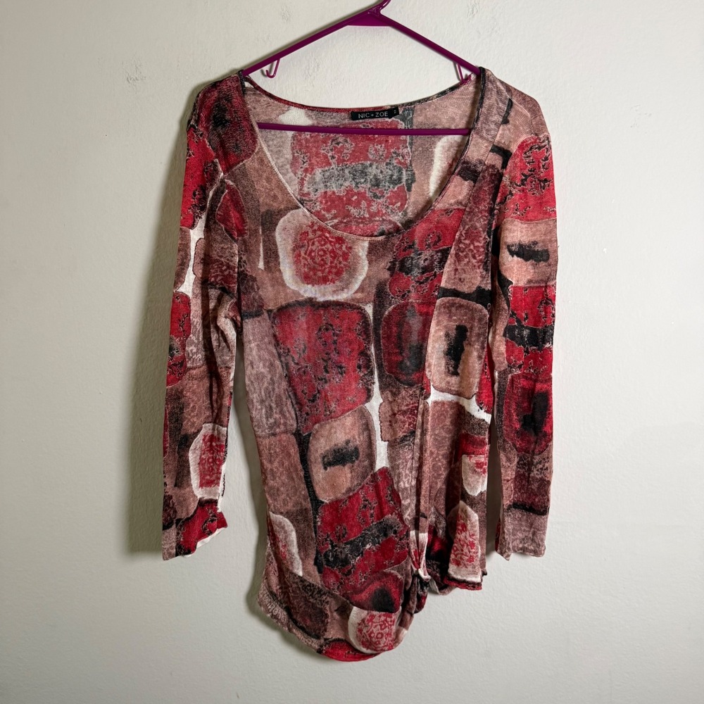 NIC+ZOE Womens Medium Red Abstract Linen Blend Scoop Neck Long Sleeve Knit Top